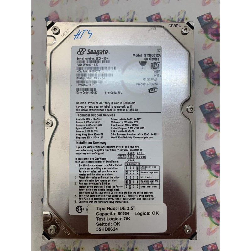 Hard Disk Usato Funzionante 100% OK IDE 3,5" 60GB SEAGATE ST360021A 9V1003-640 3.31 03413 WU