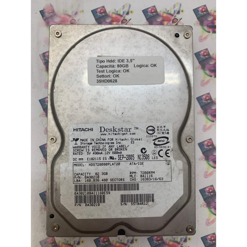 Hard Disk Usato Funzionante 100% OK IDE 3,5" 80GB HITACHI HDS728080PLAT20 0A30210 SEP-2005