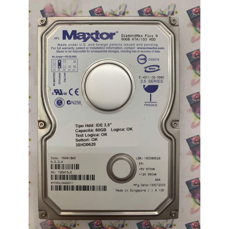 Hard Disk Usato Funzionante 100% OK IDE 3,5" 80GB MAXTOR 6Y080L0422011 YAR41BW0 13 OCT 2003