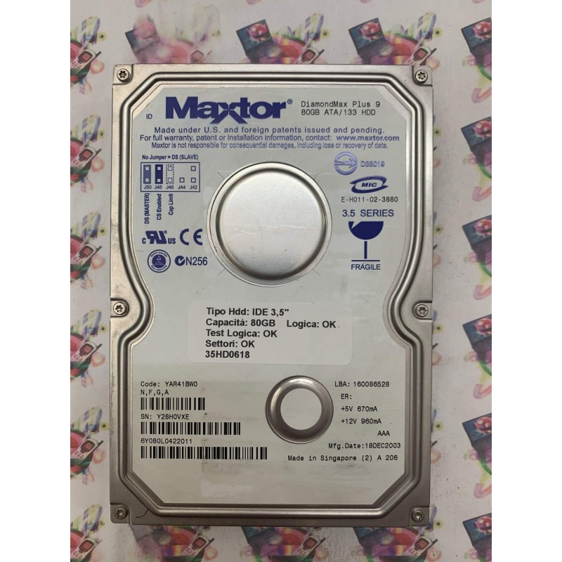 Hard Disk Usato Funzionante 100% OK IDE 3,5" 80GB MAXTOR 6Y080L0422011 YAR41BW0 18 DEC 2003