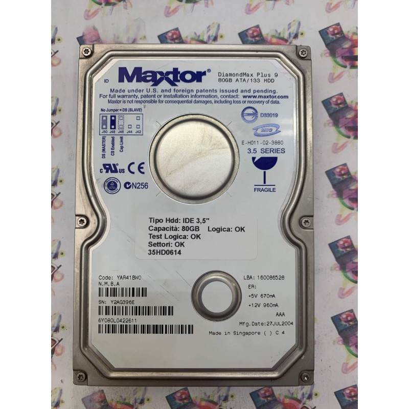 Hard Disk Usato Funzionante 100% OK IDE 3,5" 80GB MAXTOR 6Y080L0422611 YAR41BW0 27 JUL 2004