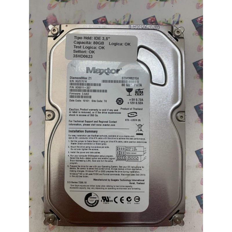 Hard Disk Usato Funzionante 100% OK IDE 3,5" 80GB MAXTOR STM380215A 9DS011-327 3.AAD 10101 TK