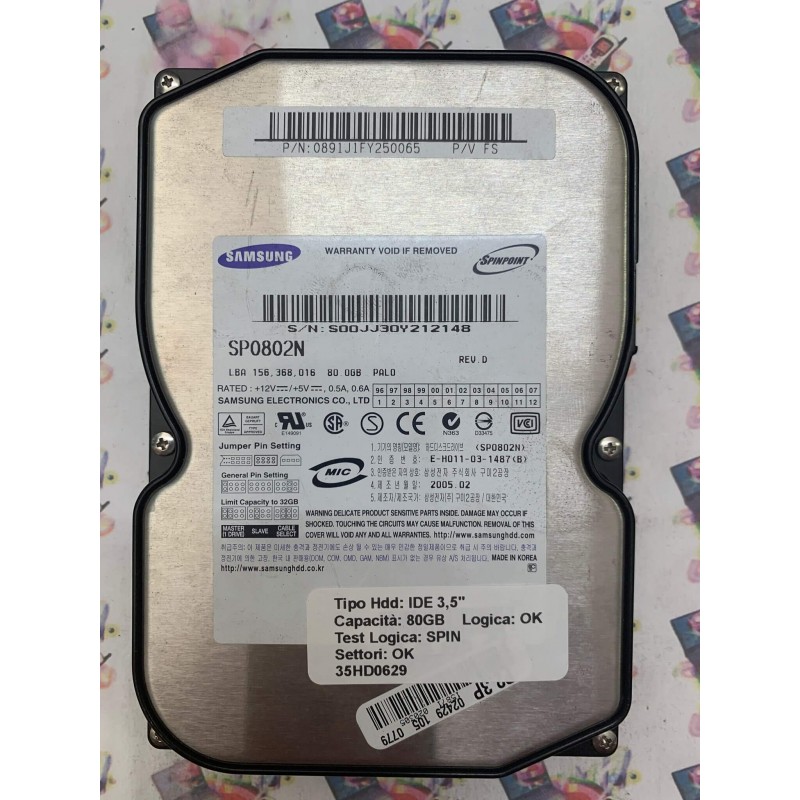 Hard Disk Usato Funzionante 100% OK IDE 3,5" 80GB SAMSUNG SP0802N 0891J1FY250065 02 2005