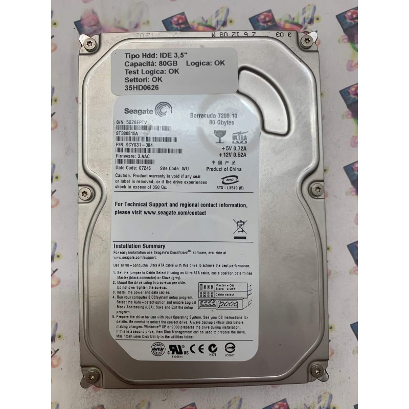Hard Disk Usato Funzionante 100% OK IDE 3,5" 80GB SEAGATE ST380815A 9CY031-304 3.AAC 07246 WU
