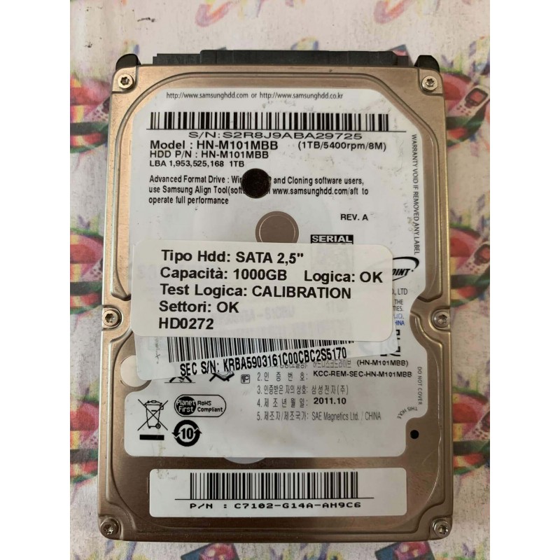 Hard Disk Usato Semifunzionante SATA 2,5" 1000GB SAMSUNG HN-M101MBB C7102-G14A-AH9C6 A 2011.10