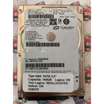 Hard Disk Usato Semifunzionante SATA 2,5" 160GB FUJITSU MHY2160BH 457670-001 0080890B