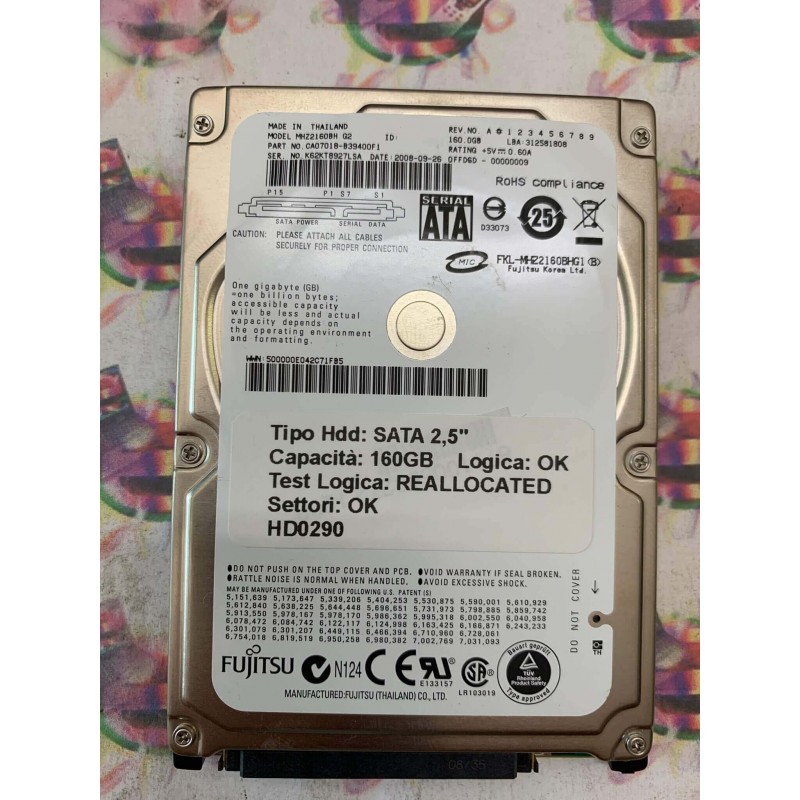 Hard Disk Usato Semifunzionante SATA 2,5" 160GB FUJITSU MHZ2160BH CA07018-B39400F1 2008-09