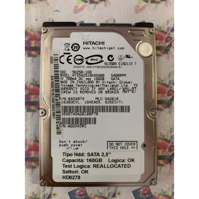 Hard Disk Usato Semifunzionante SATA 2,5" 160GB HITACHI HTS542516K9SA00 0A54874 NOV-07