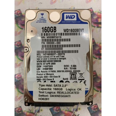 Hard Disk Usato Semifunzionante SATA 2,5" 160GB WD WD1600BEVT-22ZCT0 HANT2AN 07 APR 2009