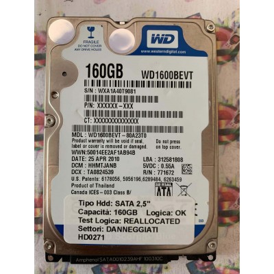 Hard Disk Usato Semifunzionante SATA 2,5" 160GB WD WD1600BEVT-80A23T0 HHMTJANB TA0824539