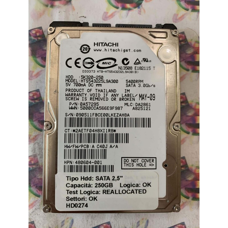 Hard Disk Usato Semifunzionante SATA 2,5" 250GB HITACHI HTS543225L9A300 0A57295 MAY-09
