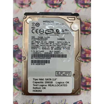 Hard Disk Usato Semifunzionante SATA 2,5" 250GB HITACHI HTS545025B9A300 0A4422 MAY-10