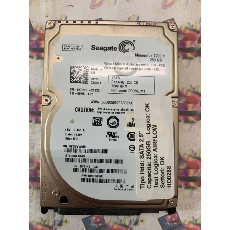 Hard Disk Usato Semifunzionante SATA 2,5" 250GB SEAGATE ST9250410AS 9HV142-037 D005SDM1 11294 WU