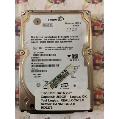 Hard Disk Usato Semifunzionante SATA 2,5" 250GB SEAGATE ST9250827AS 9DG134-285 3.AAA 08452 WU