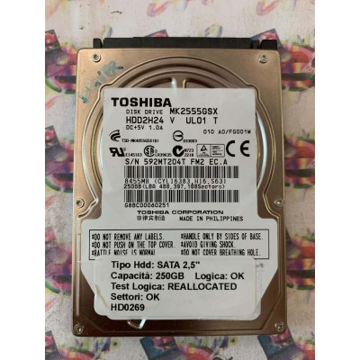Hard Disk Usato Semifunzionante SATA 2,5" 250GB TOSHIBA MK2555GSX HDD2H24 V UL01 T 010 AO/FG001M