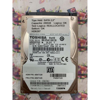 Hard Disk Usato Semifunzionante SATA 2,5" 250GB TOSHIBA MK2561GSYB HDD2F02 M UL01 T 00 A0 ME1E