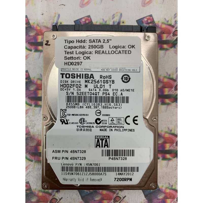 Hard Disk Usato Semifunzionante SATA 2,5" 250GB TOSHIBA MK2561GSYB HDD2F02 M UL01 T 00 A0 ME1E