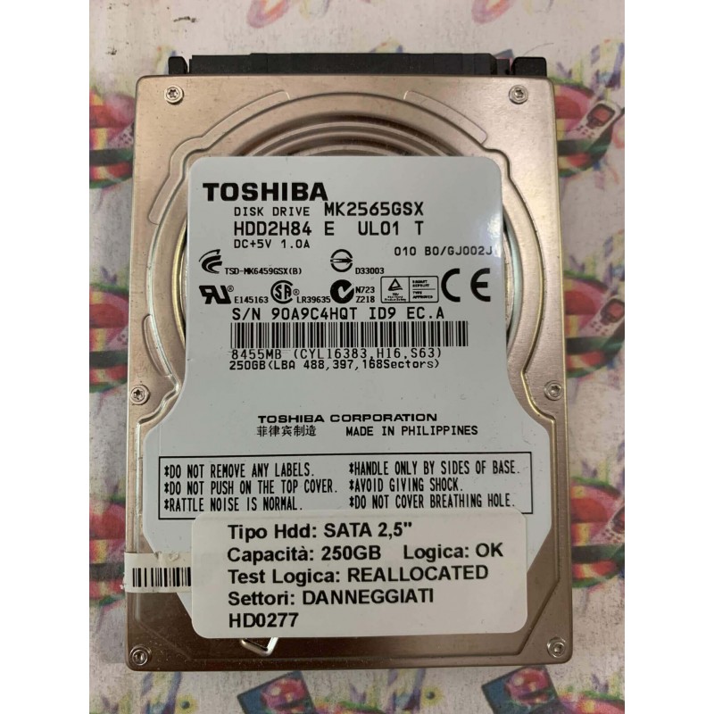 Hard Disk Usato Semifunzionante SATA 2,5" 250GB TOSHIBA MK2565GSX HDD2H84 E UL01 T 010 BO GJ002J