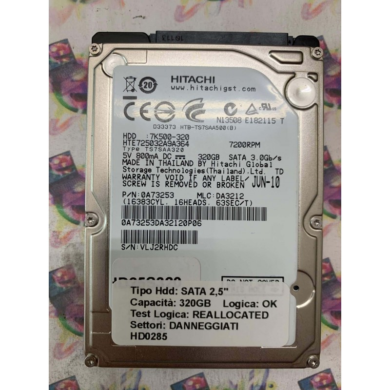 Hard Disk Usato Semifunzionante SATA 2,5" 320GB HITACHI HTE725032A9A364 0A73253 JUN-10