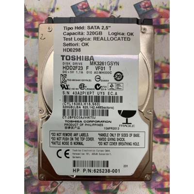 Hard Disk Usato Semifunzionante SATA 2,5" 320GB TOSHIBA MK3261GSYN HDD2F23 F VF01 T 010 A0 MH000C