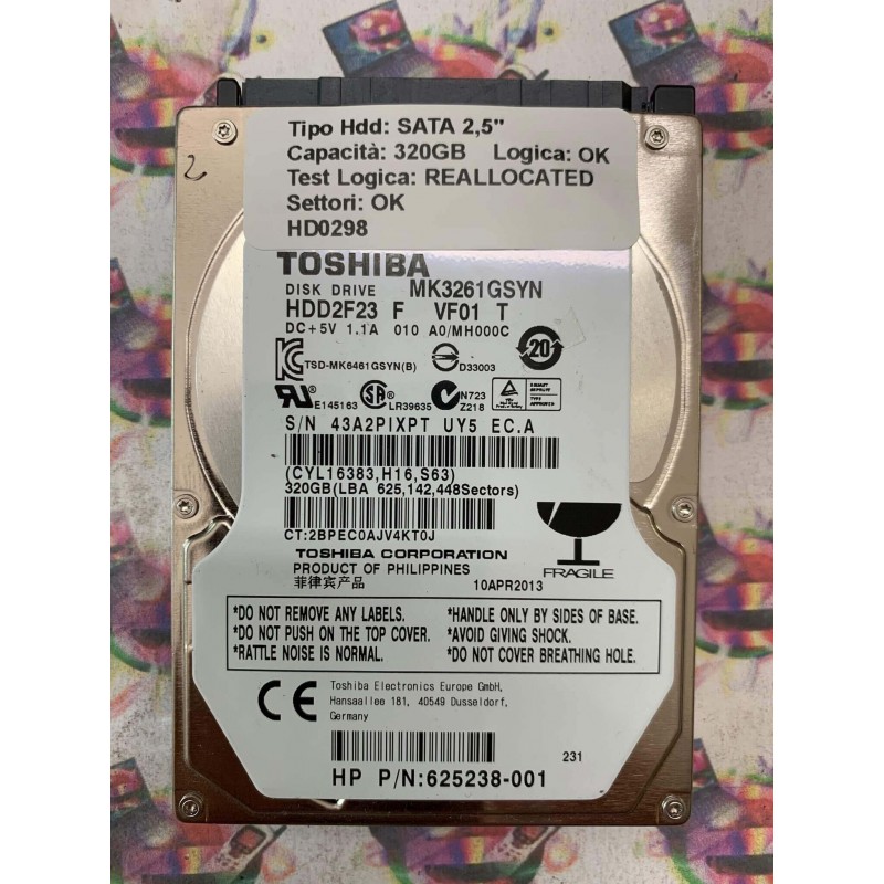 Hard Disk Usato Semifunzionante SATA 2,5" 320GB TOSHIBA MK3261GSYN HDD2F23 F VF01 T 010 A0 MH000C