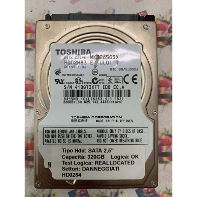 Hard Disk Usato Semifunzionante SATA 2,5" 320GB TOSHIBA MK3265GSX HDD2H83 E UL01 T 010 B0 GJ002J