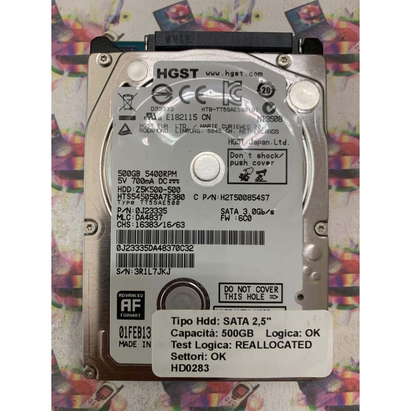 Hard Disk Usato Semifunzionante SATA 2,5" 500GB HGST HTS545050A7E380 0J23335 FEB-13