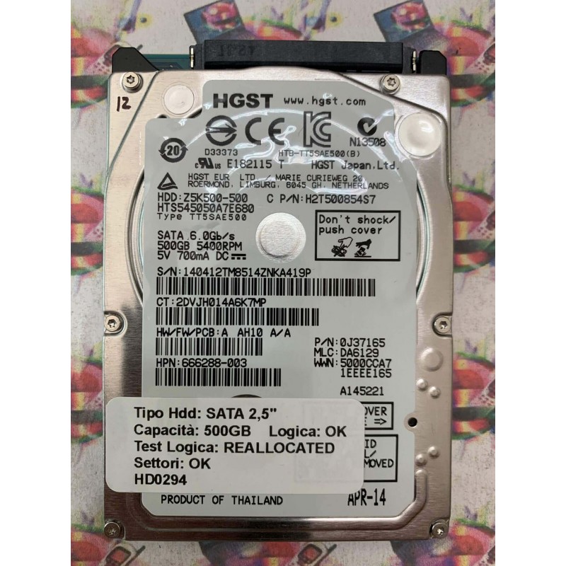 Hard Disk Usato Semifunzionante SATA 2,5" 500GB HGST HTS545050A7E680 0J37165 APR-14