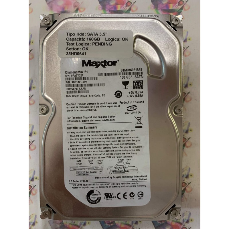 Hard Disk Usato Semifunzionante SATA 3,5" 160GB MAXTOR STM3160215AS 9DS112-325 4.AAB 09333 TK