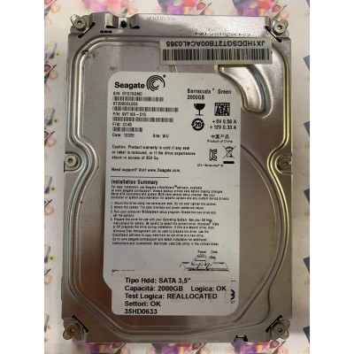 Hard Disk Usato Semifunzionante SATA 3,5" 2000GB SEAGATE ST2000DL003 9VT166-515 CC45 12325 WU
