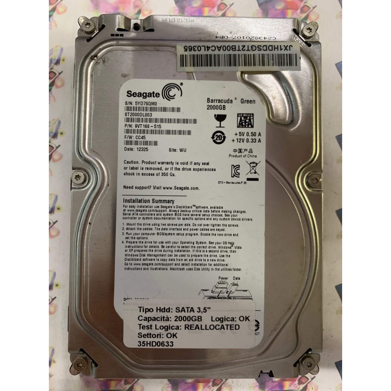 Hard Disk Usato Semifunzionante SATA 3,5" 2000GB SEAGATE ST2000DL003 9VT166-515 CC45 12325 WU
