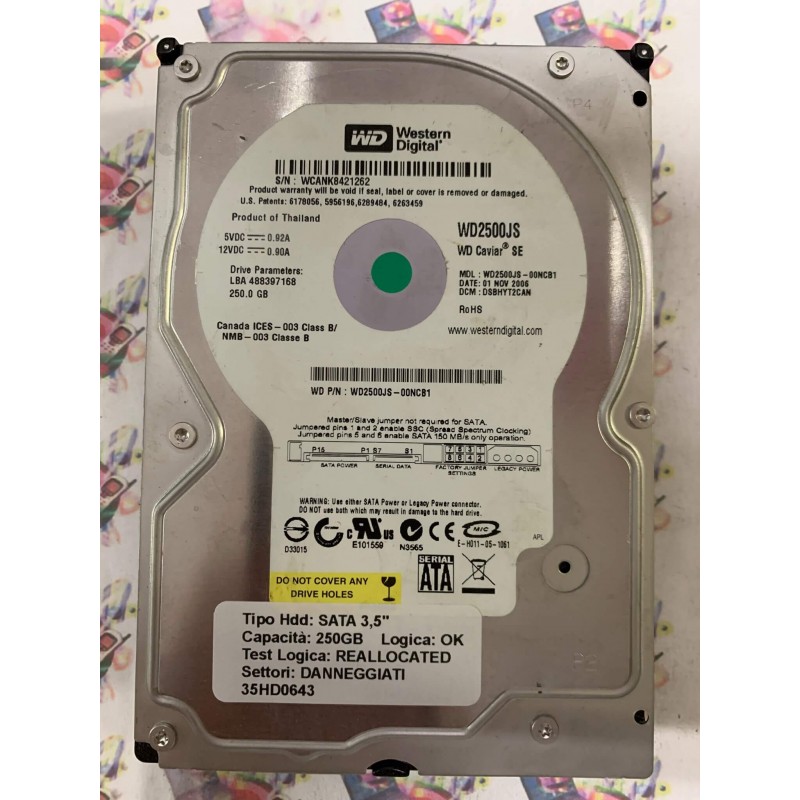 Hard Disk Usato Semifunzionante SATA 3,5" 250GB WD WD2500JS-00NCB1 DSBHYT2CAN 01 NOV 2006