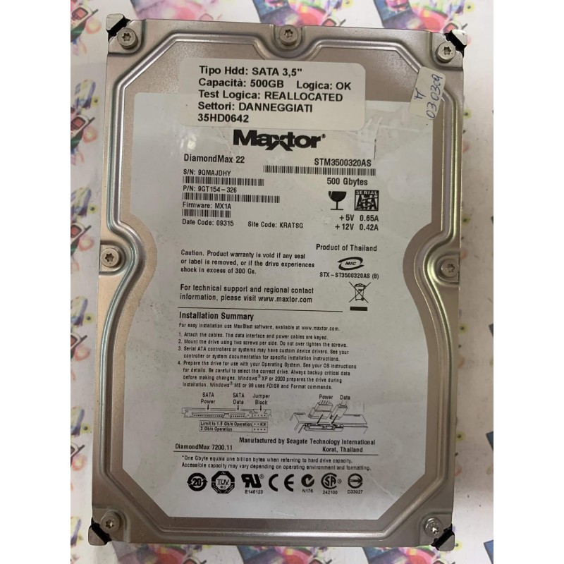 Hard Disk Usato Semifunzionante SATA 3,5" 500GB MAXTOR STM3500320AS 9GT154-325 MX1A 09315 KRATSG