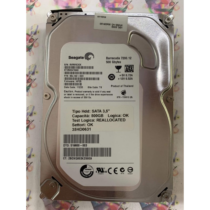 Hard Disk Usato Semifunzionante SATA 3,5" 500GB SEAGATE ST3500418AS 9SL142-023 HP35 11233 TK