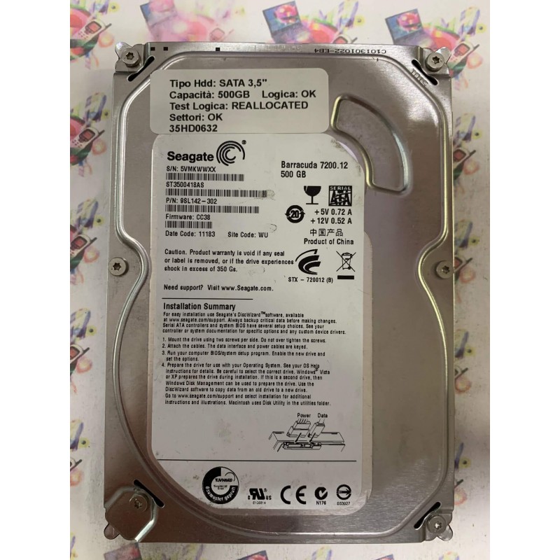 Hard Disk Usato Semifunzionante SATA 3,5" 500GB SEAGATE ST3500418AS 9SL142-302 CC38 11183 WU
