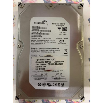 Hard Disk Usato Semifunzionante SATA 3,5" 500GB SEAGATE ST3500830AS 9BJ136-188 3.AAD 08111 TK