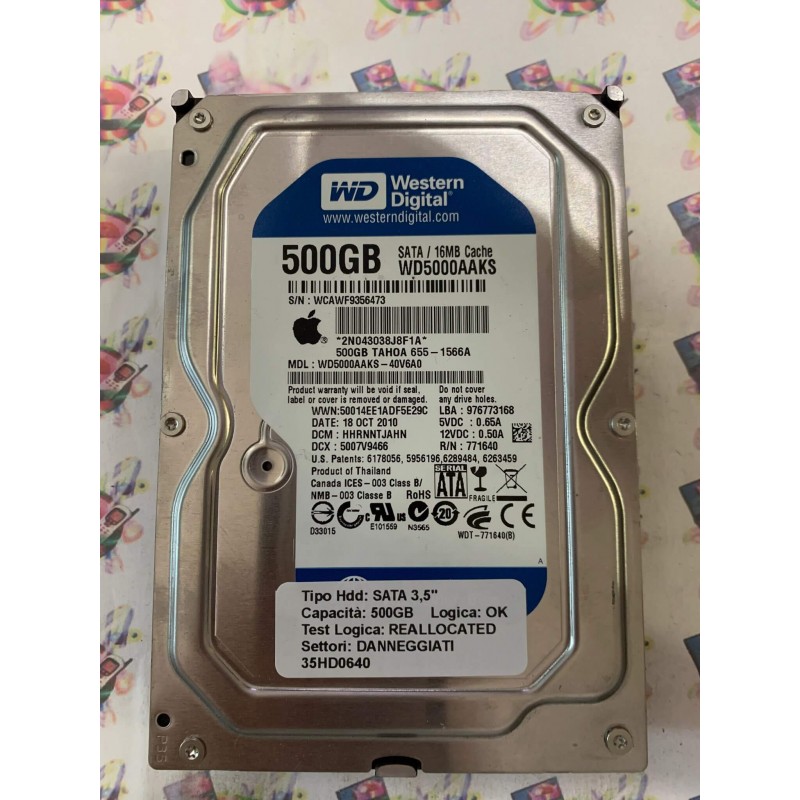 Hard Disk Usato Semifunzionante SATA 3,5" 500GB WD WD5000AAKS-40V6A0 HHRNNTJAHN 18 OCT 2010